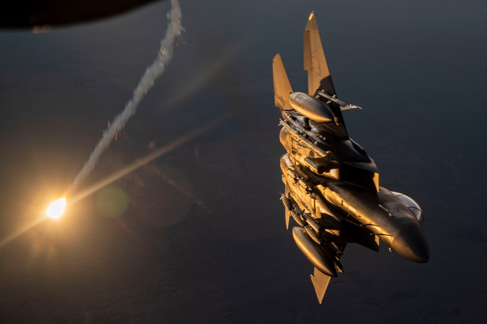 F-15E Strike Eagle departing after aerial refueling over the U.S. Central Command area of responsibility
