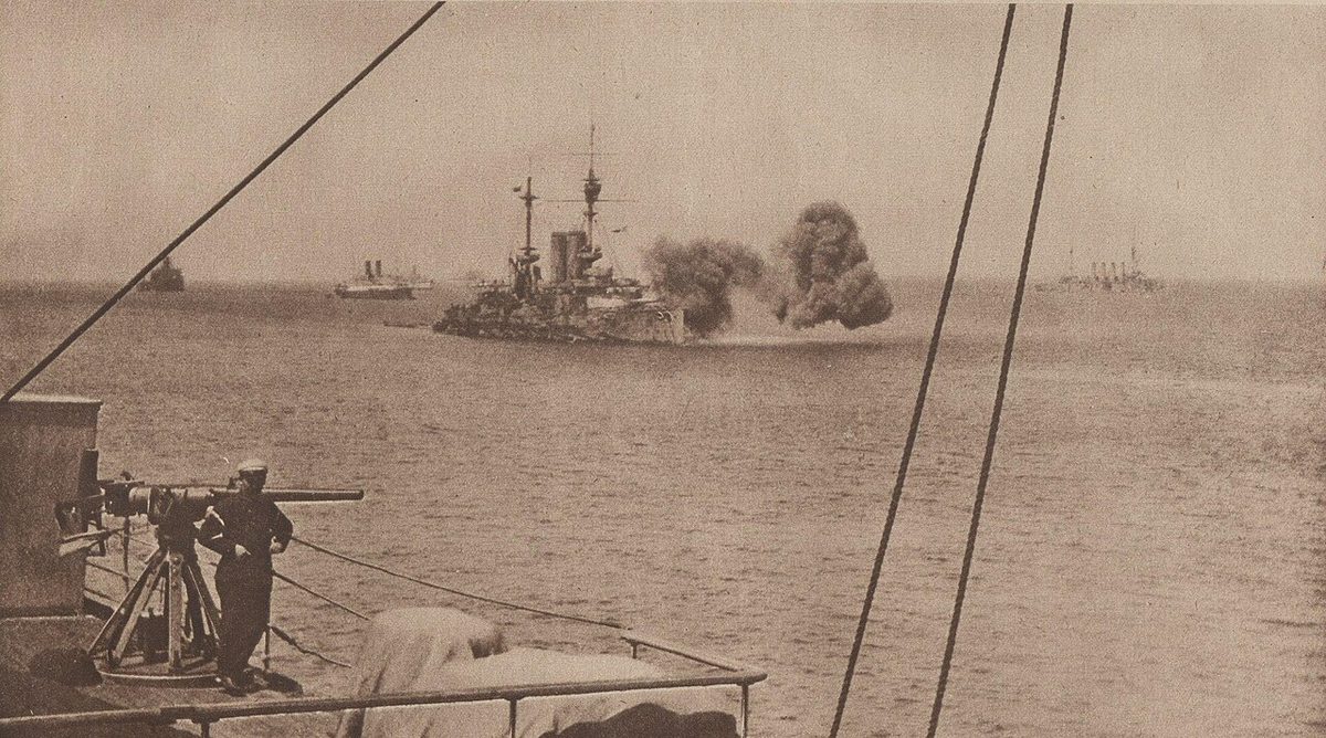 Allied warship bombarding Ottoman positions at Gallipoli during the Dardanelles naval campaign