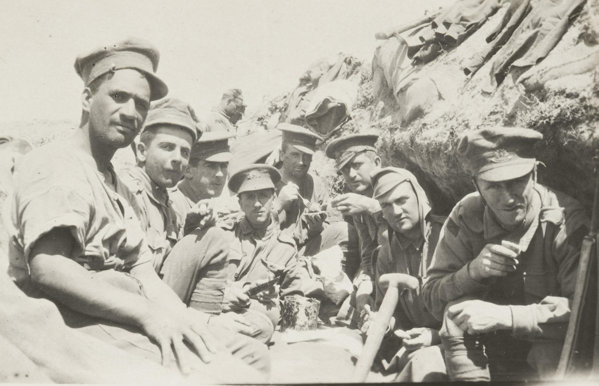 Allied soldiers in the cramped trenches at Gallipoli with the harsh conditions visible