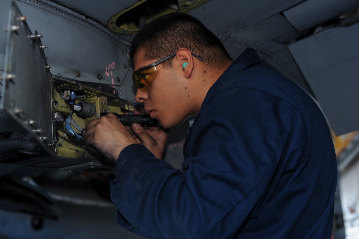 Close-up view of the A-10 Thunderbolt II nose showing the seven gun barrels of the GAU-8 Avenger