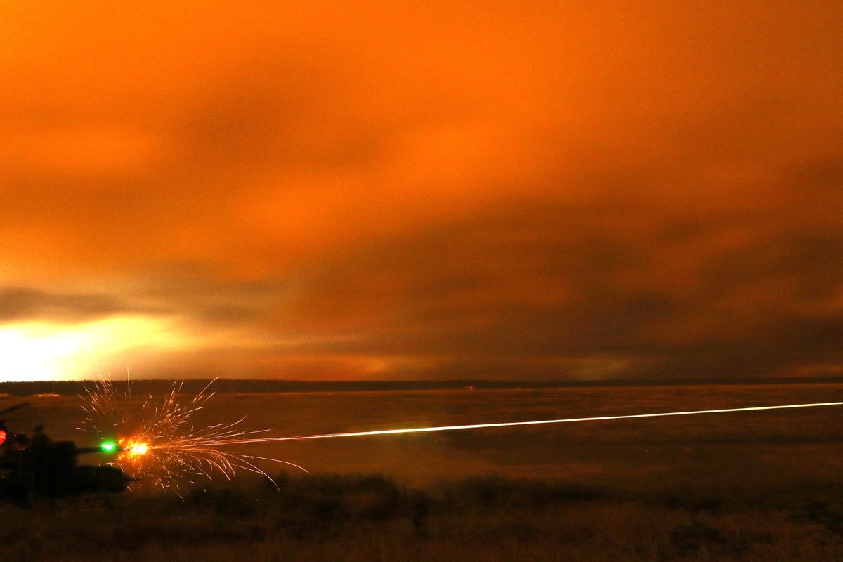 NATO soldiers firing Oerlikon air defense weapons during Exercise Oerlikon at a training range in Bemowo Piskie, Poland