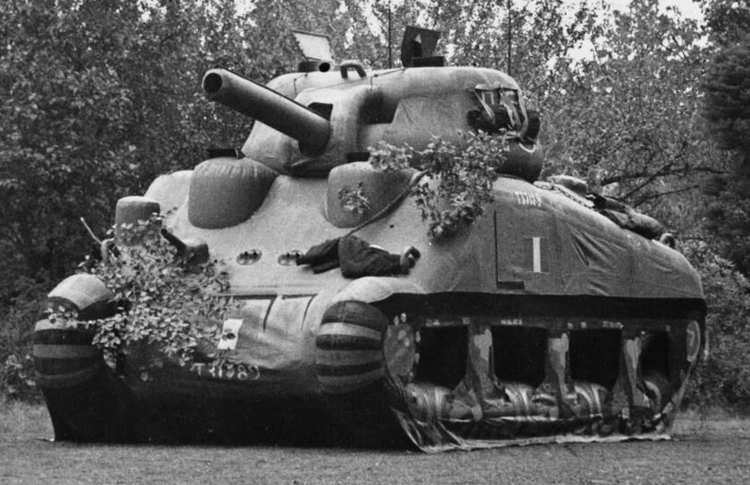 An inflatable rubber M4 Sherman tank decoy used by the Ghost Army during World War II