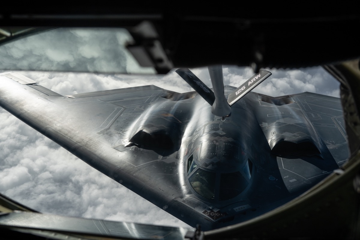 B-2 Spirit stealth bomber seen from a tanker boom operator's perspective during aerial refueling