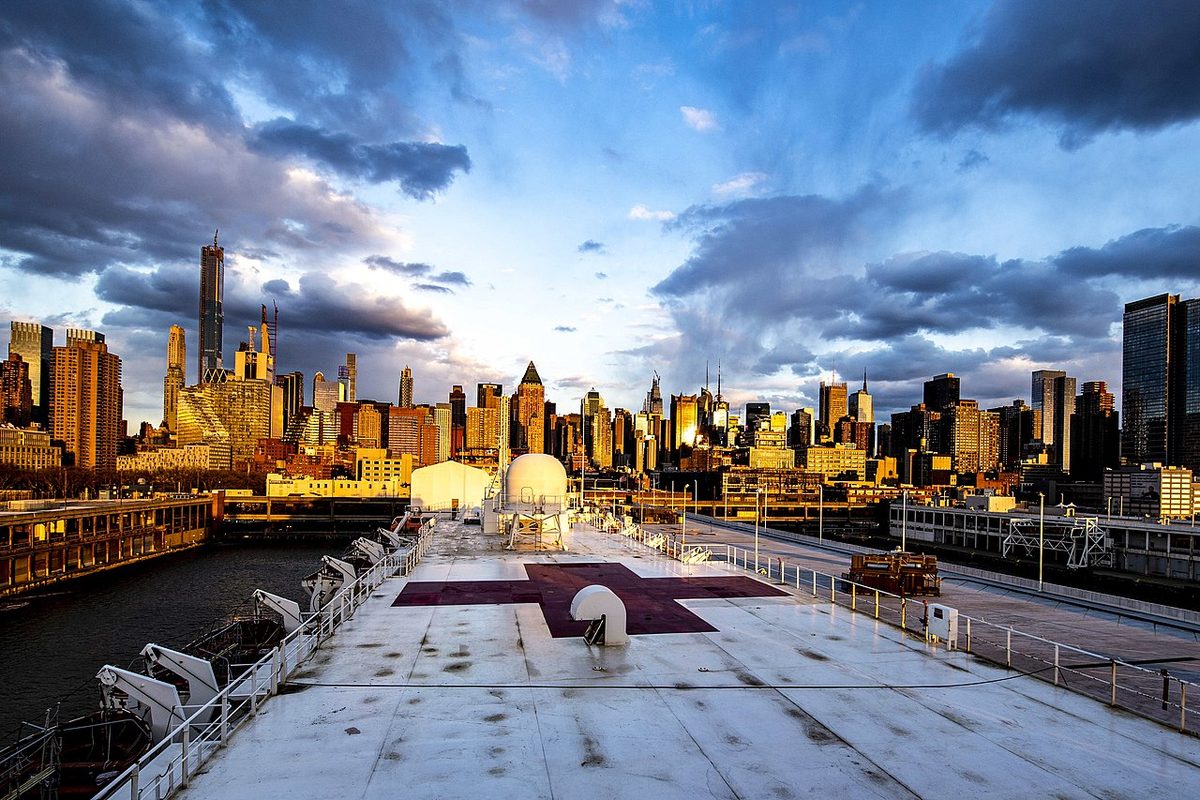 USNS Comfort anchored in New York City harbor during the COVID-19 pandemic response, April 2020