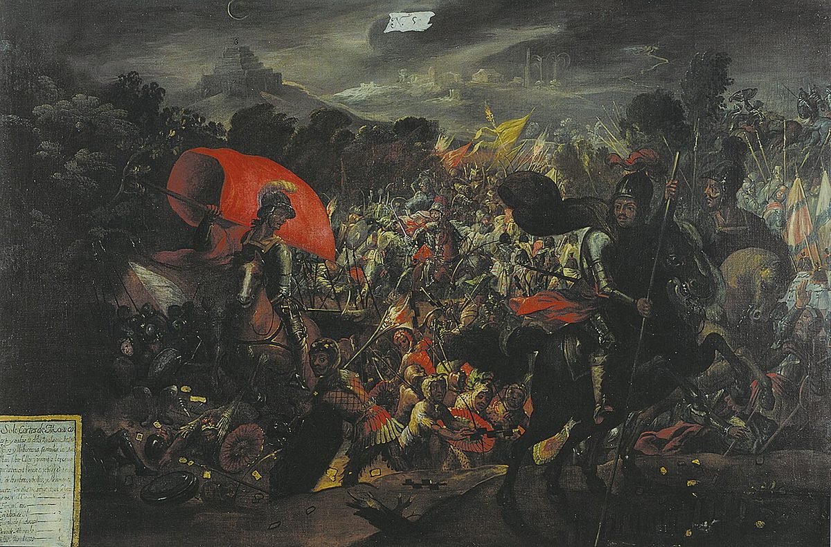 Historical painting depicting the Spanish conquest of Mexico under Hernán Cortés