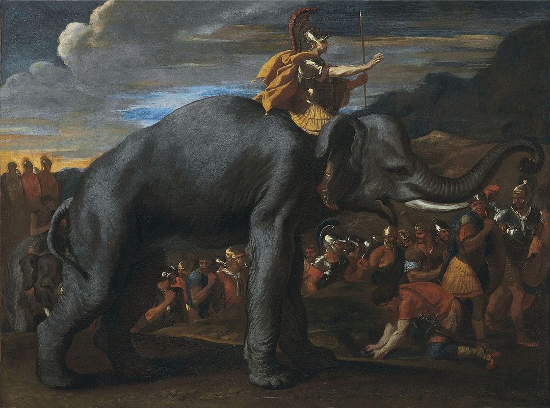 Classical painting of Hannibal Barca crossing the Alps with war elephants during the Second Punic War