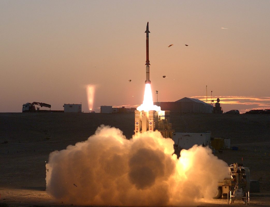 David's Sling Stunner missile launching at dusk as part of Israel's multi-layered air defense