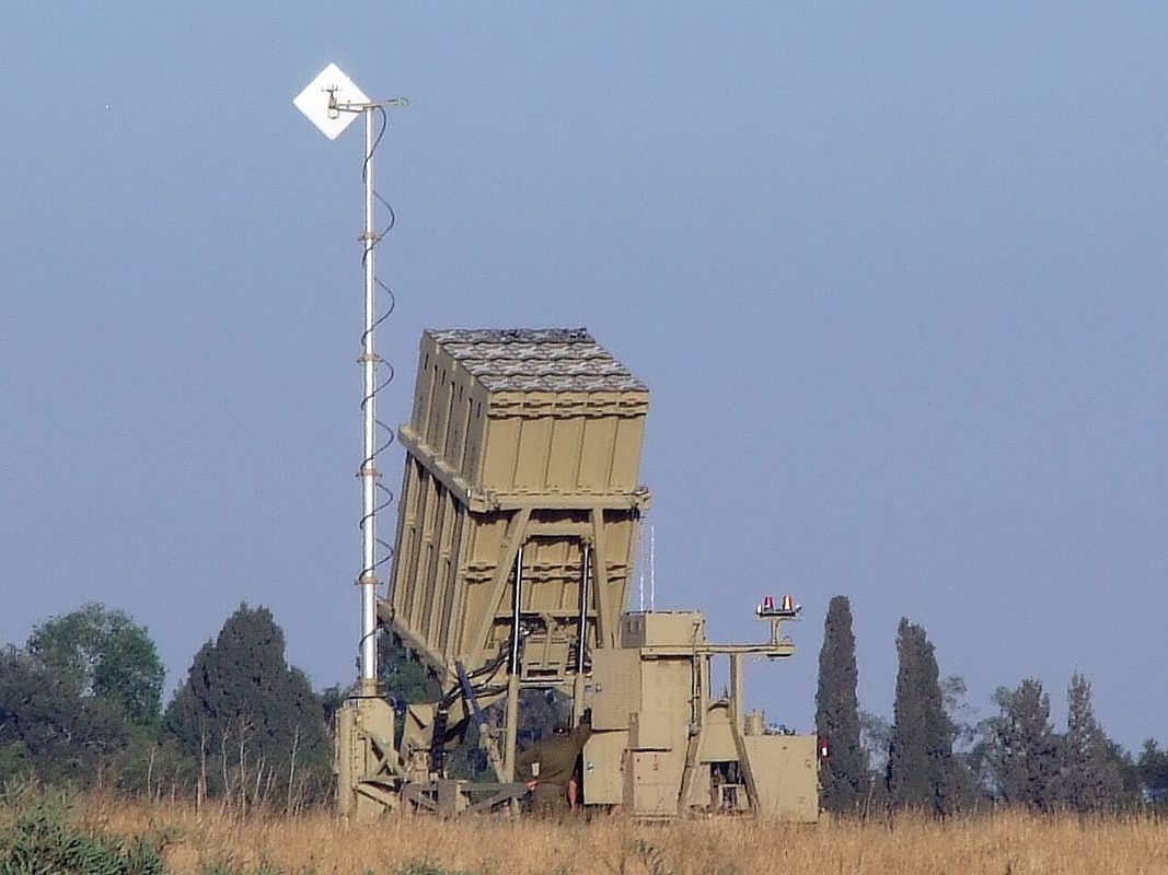 Iron Dome battery deployed in a field near Sderot with launcher angled for intercept