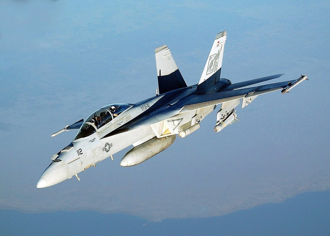 F/A-18F Super Hornet in flight showing its sensor and weapons systems