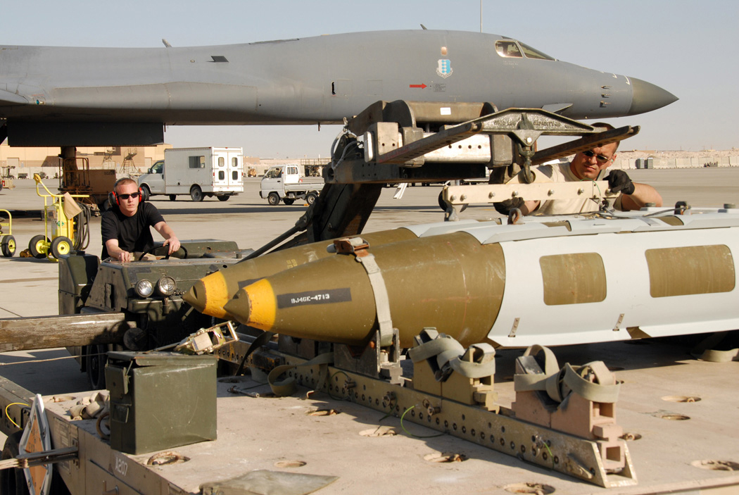 B-1B Lancer bomber releasing a JASSM cruise missile during a standoff strike mission