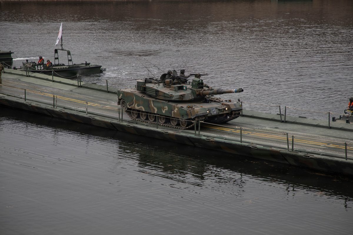 K2 Black Panther tank crossing a military pontoon bridge during combined exercises in South Korea