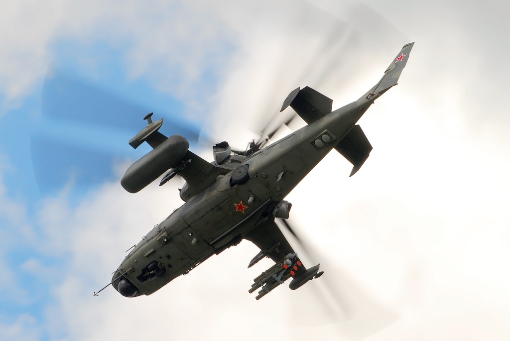 Ka-52 Alligator showing its distinctive coaxial rotor system with two counter-rotating rotor sets and no tail rotor