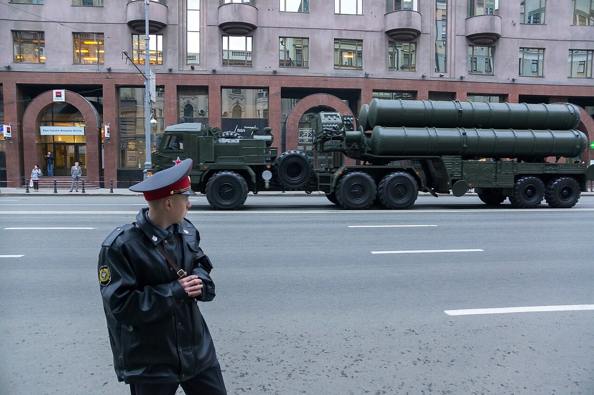 Russian S-400 air defense missile system on a transporter erector launcher during a parade