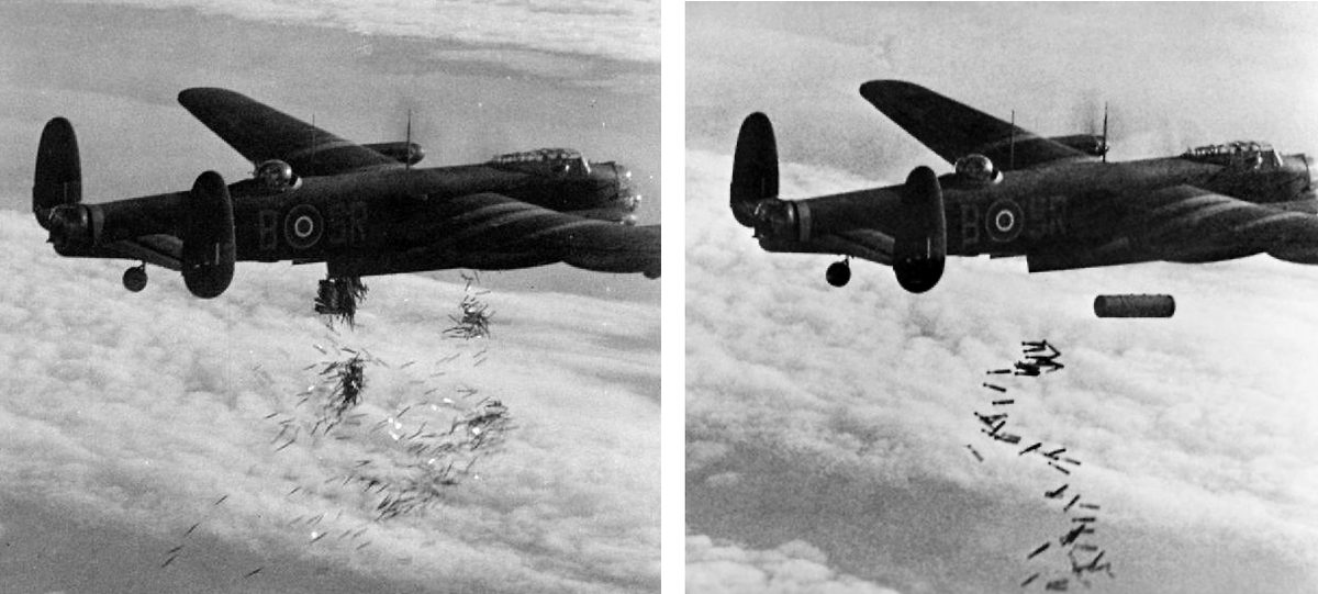 Avro Lancaster bomber dropping bombs over Duisburg during a WWII raid