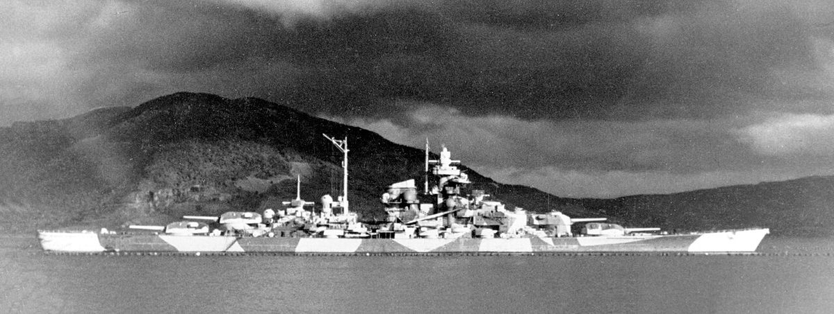 German battleship Tirpitz in Altafjord, Norway, before Lancaster bombers sank it with Tallboy bombs