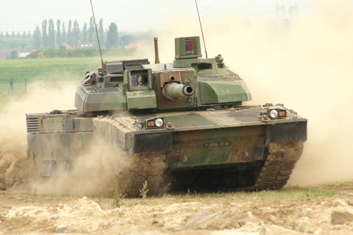Leclerc main battle tank advancing through terrain with turret and hull clearly visible
