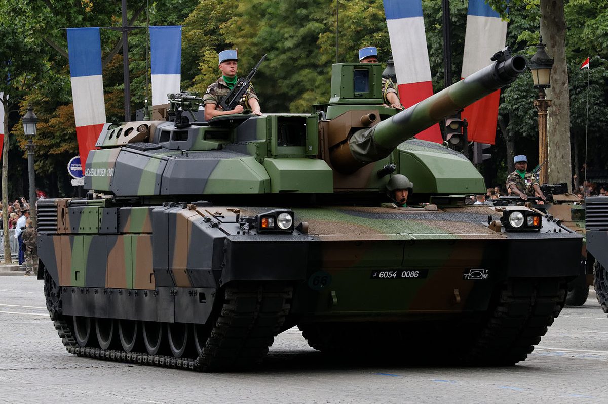 Leclerc tank front view with crew visible during Bastille Day celebrations