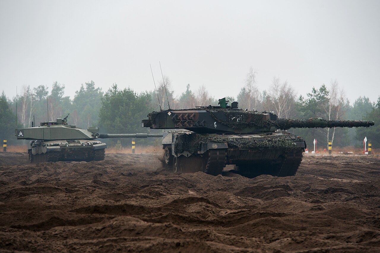 Leopard 2A7 tank advancing during a NATO exercise in Northern Europe