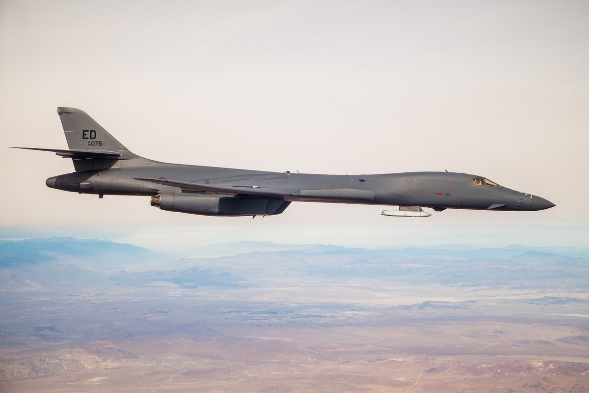 B-1B Lancer carrying a JASSM missile on an external pylon during a flight test over Edwards Air Force Base