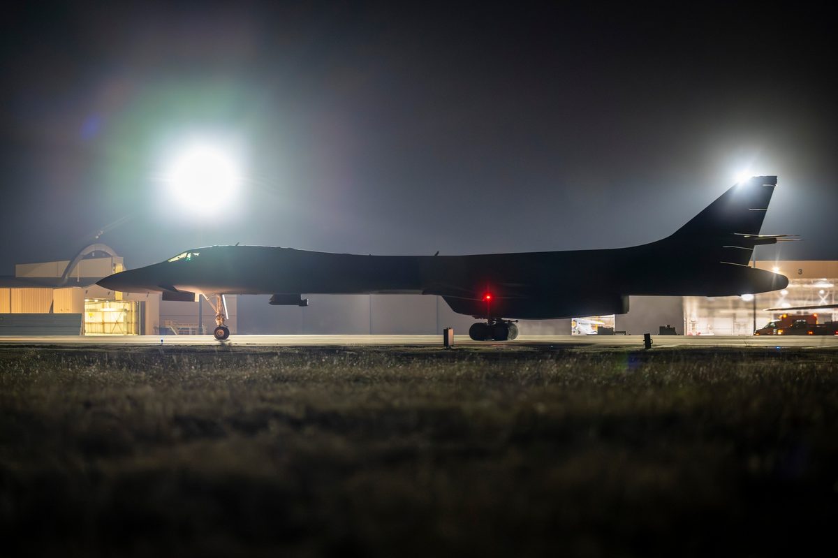 B-1B Lancer bomber taxiing on a runway at Dyess Air Force Base preparing for a long-range strike mission