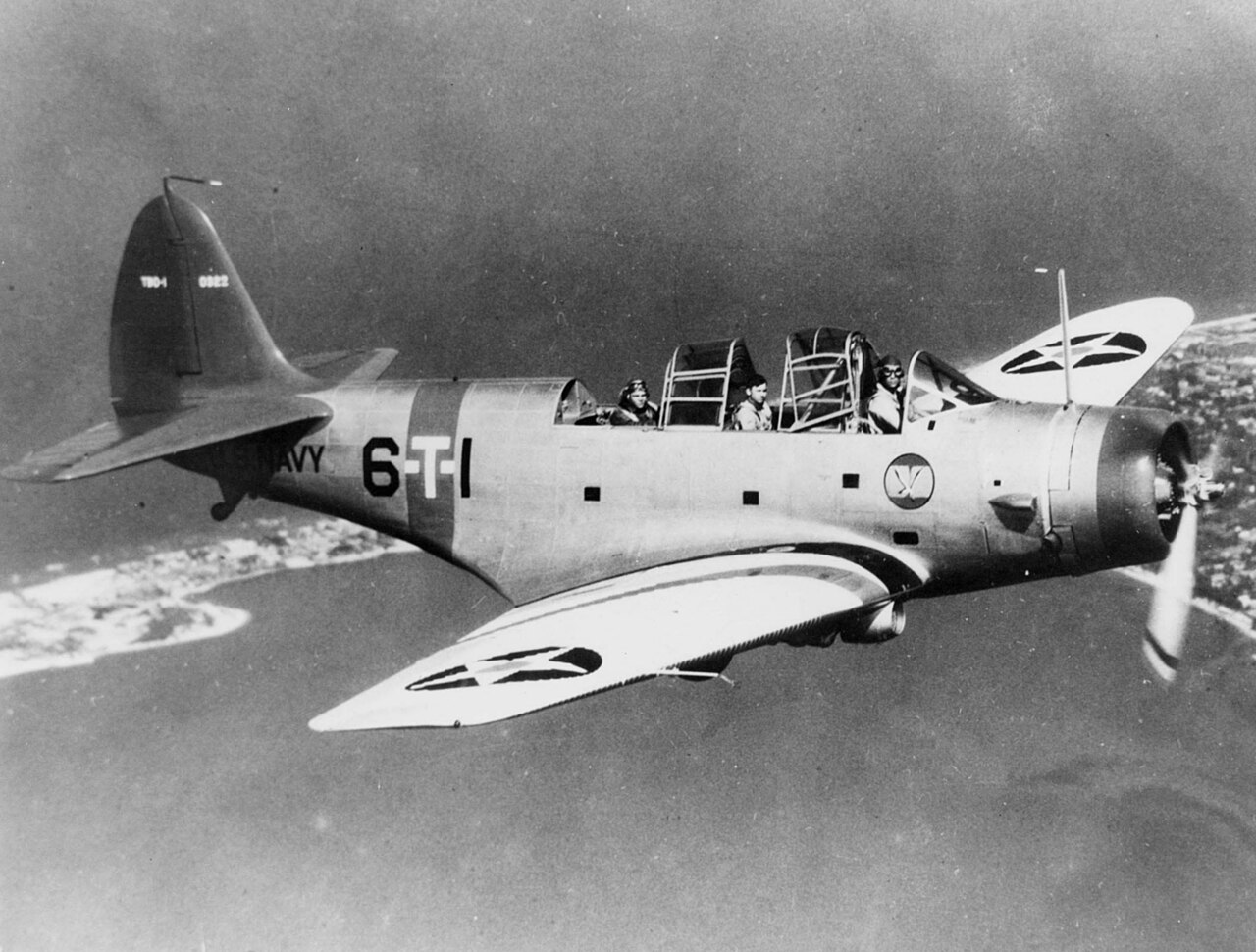 TBD Devastator torpedo bombers of the U.S. Navy lined up on a carrier flight deck before the Battle of Midway