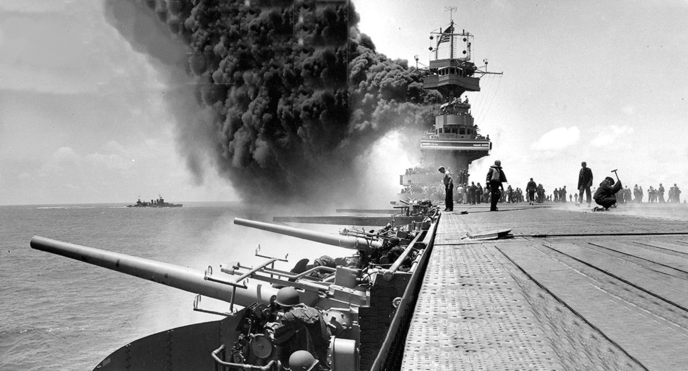 USS Yorktown listing heavily after being struck by Japanese torpedoes during the Battle of Midway