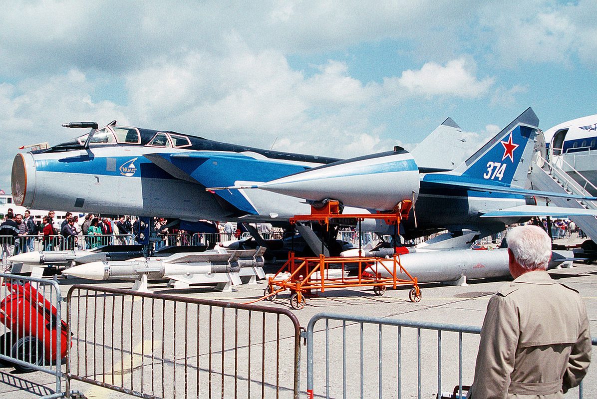 Soviet MiG-31 Foxhound interceptor at an airshow showing the aircraft's configuration and armament