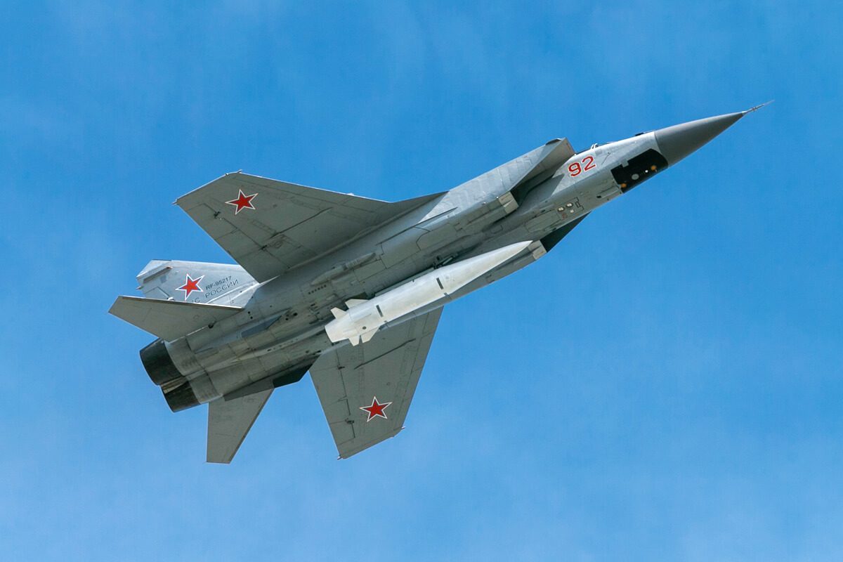 MiG-31K carrying a Kh-47M2 Kinzhal hypersonic missile during a military parade flyover