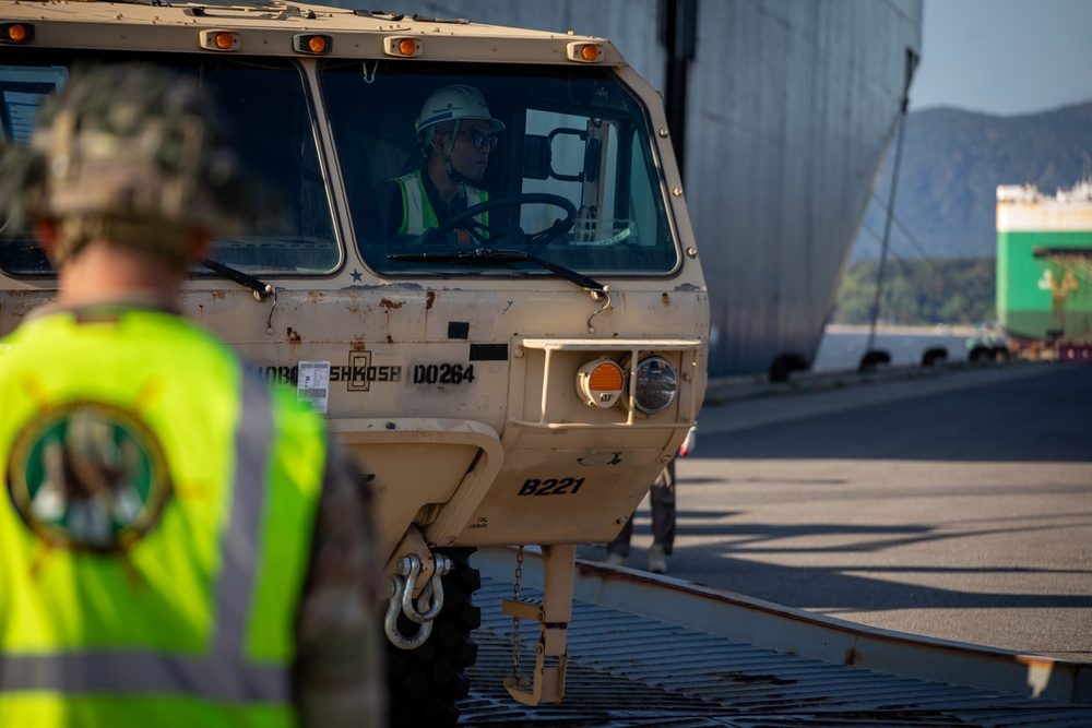 U.S. Army soldiers conducting port operations at Gwangyang Port, South Korea, moving military vehicles and equipment in support of the Korean Rotational Force mission