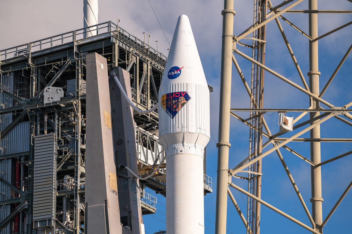 Atlas V rocket standing on launch pad at Cape Canaveral Space Force Station before a space mission