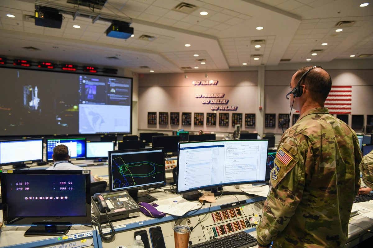 Atlas V rocket carrying a Space Based Infrared System missile warning satellite during launch from Cape Canaveral