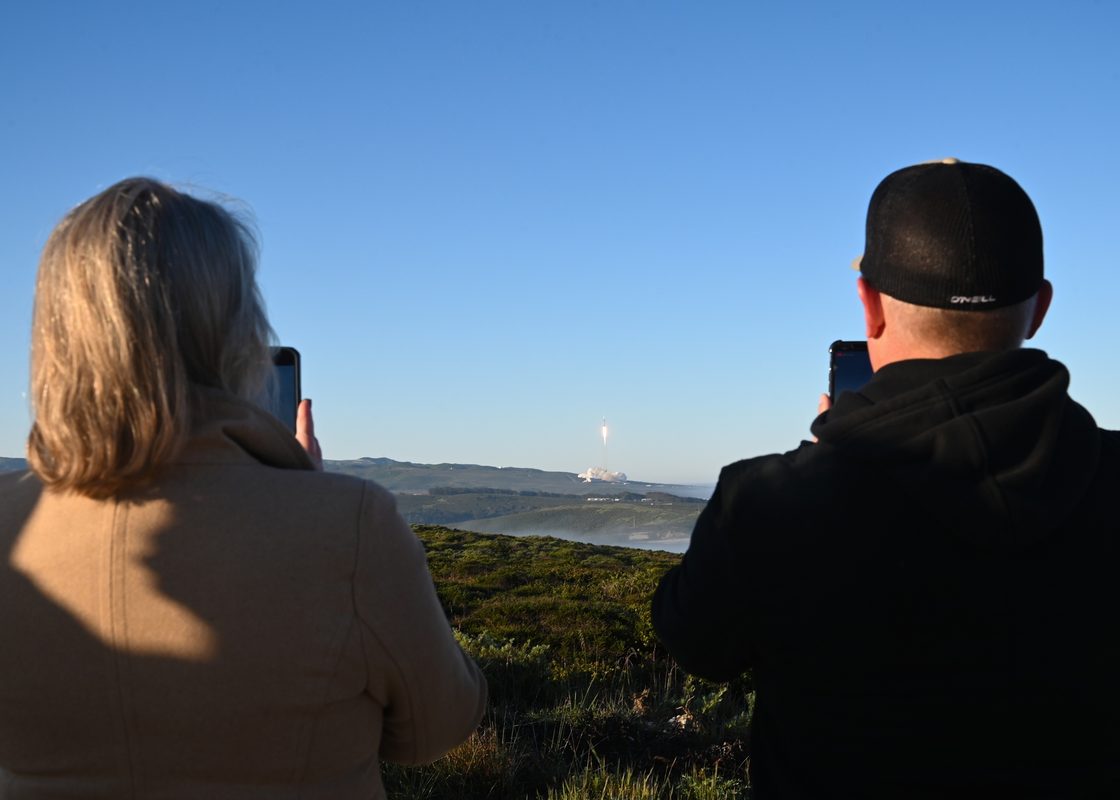 Falcon 9 rocket launching from Vandenberg Space Force Base carrying a military weather satellite