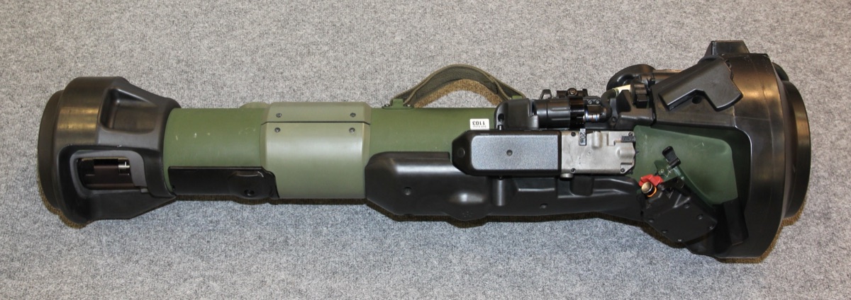 NLAW anti-tank missile system on display showing its compact launcher design