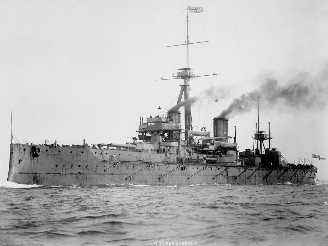 HMS Dreadnought at sea in 1906, the revolutionary battleship whose all-big-gun design made every other warship in the world obsolete
