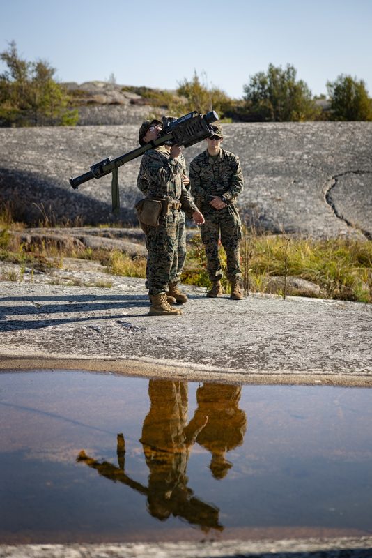 U.S. Marine Corps low altitude air defense gunner conducting fire rehearsal drills with a Stinger missile system in Sweden