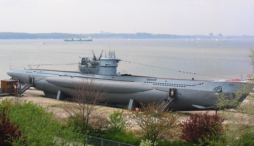 German Type VII U-boat preserved at the Naval Memorial in Laboe, Germany, showing the submarine's characteristic hull form