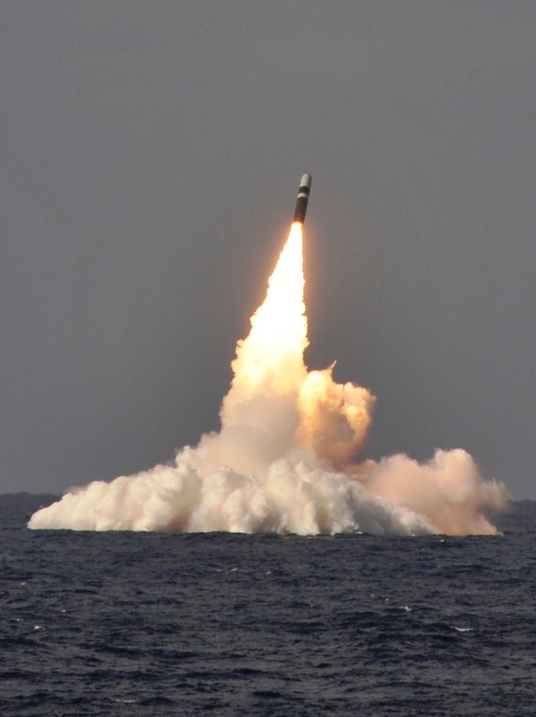 Trident II D5 ballistic missile launching from a submarine at sea