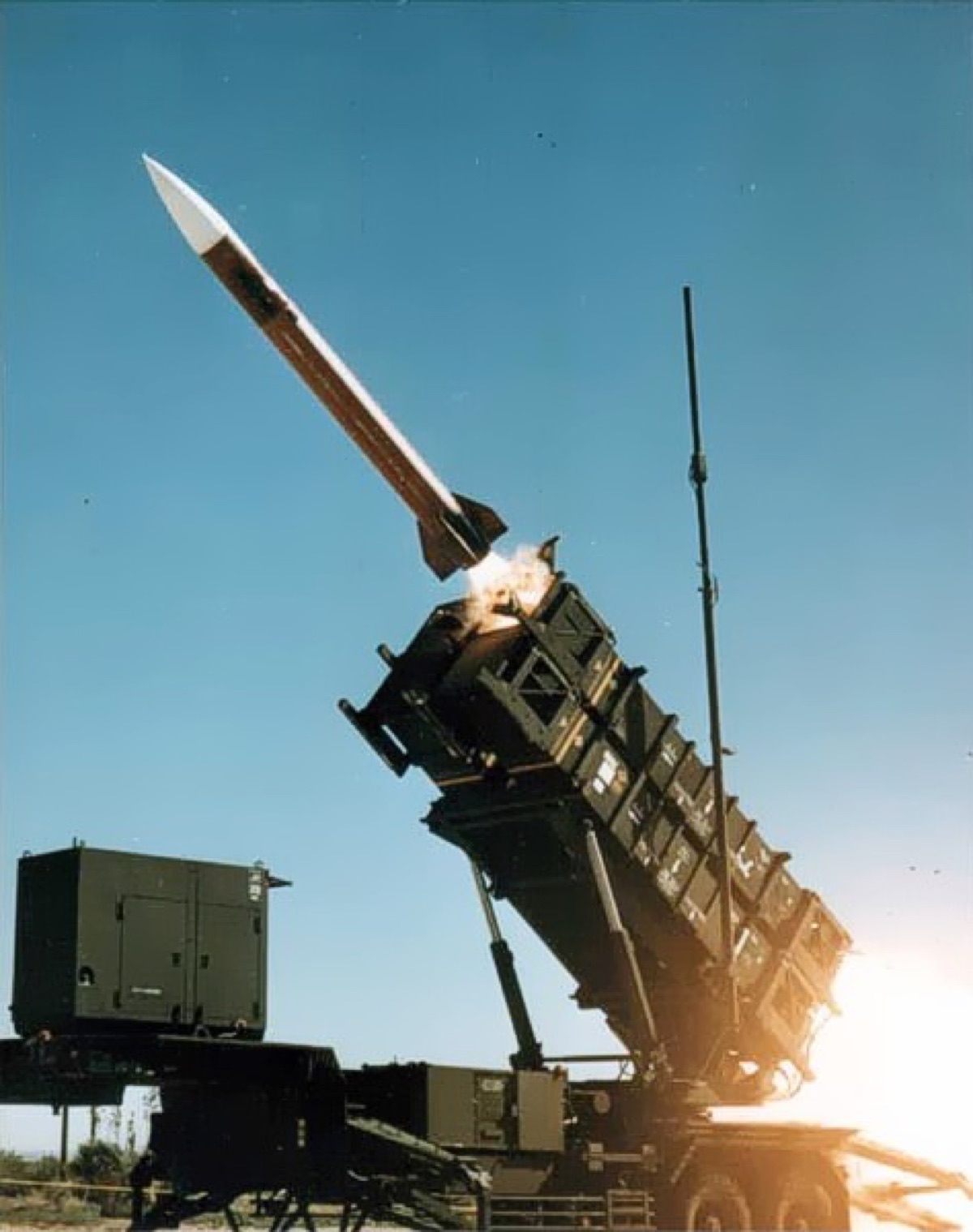 U.S. Army Patriot missile battery deployed during a multinational exercise with launchers aimed skyward