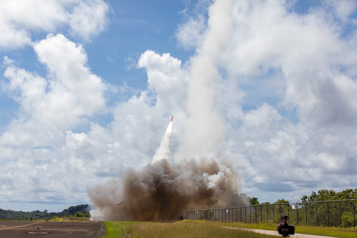 Patriot PAC-3 missile launching from its canister during an intercept test showing the missile's exhaust plume