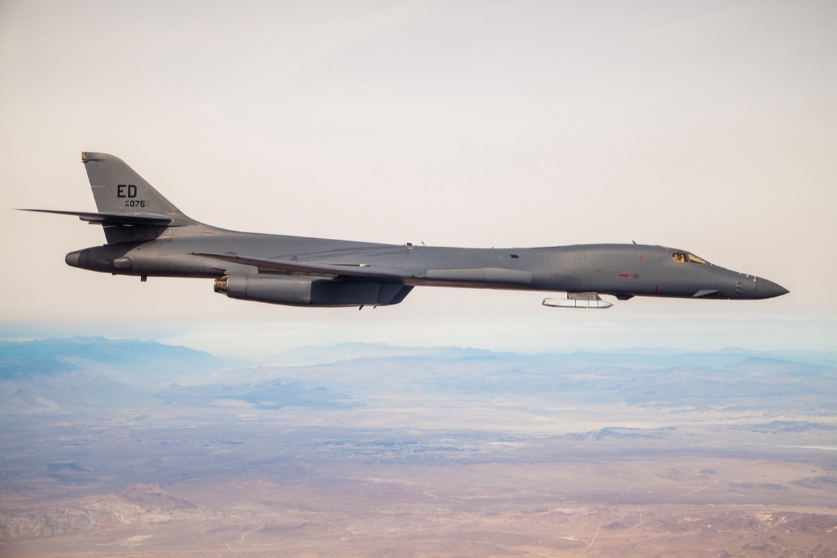 B-1B Lancer bomber carrying JASSM cruise missiles during a flight over Edwards Air Force Base
