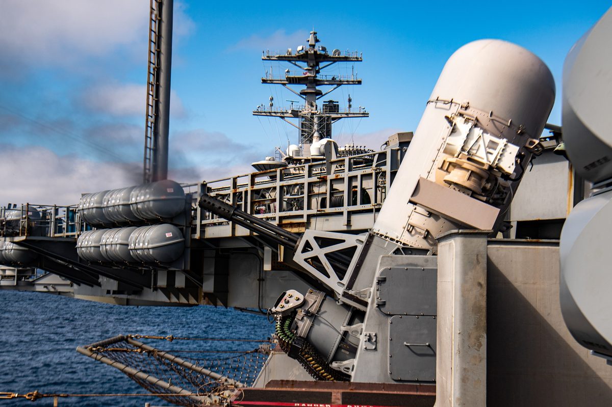 Phalanx CIWS mounted on the deck of a U.S. Navy aircraft carrier during a live-fire exercise