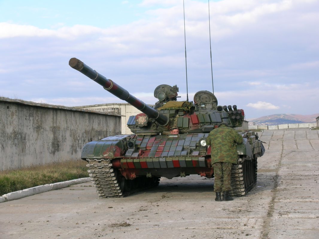 Georgian T-72 main battle tank with ERA blocks visible on the turret and hull front