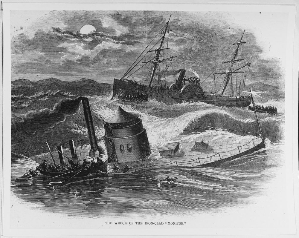 Historical illustration of the USS Monitor alongside the USS Rhode Island during the Civil War