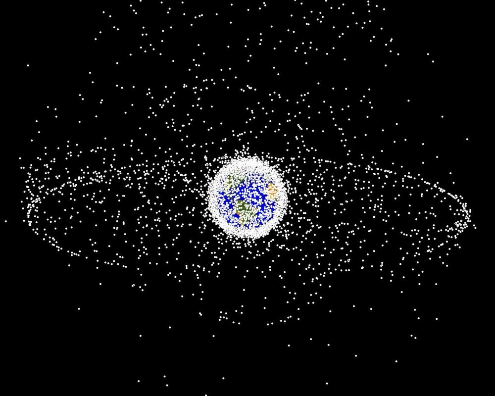 NASA visualization of orbital debris around Earth showing the density of tracked objects