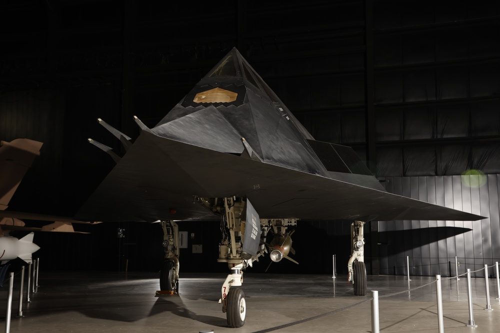 F-117A Nighthawk stealth fighter showing its distinctive faceted angular surfaces designed to deflect radar energy