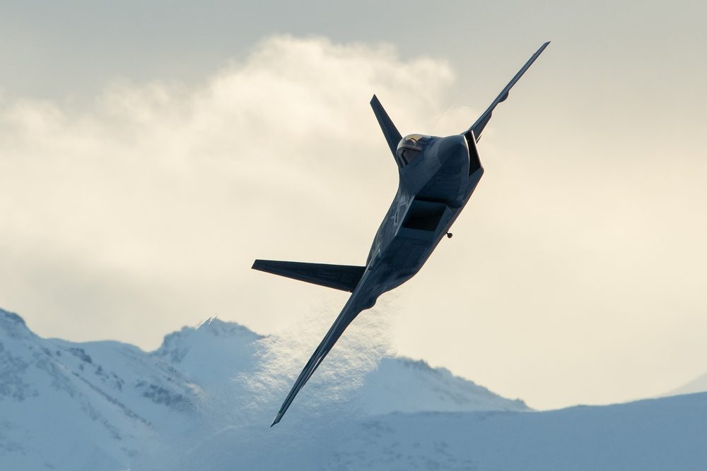 F-22 Raptors flying in formation over Alaska showing the aircraft's smooth curved stealth design from above