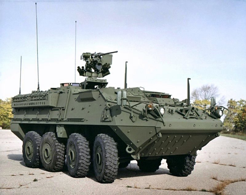 Stryker ICV infantry carrier vehicle front view showing the 8x8 wheeled configuration