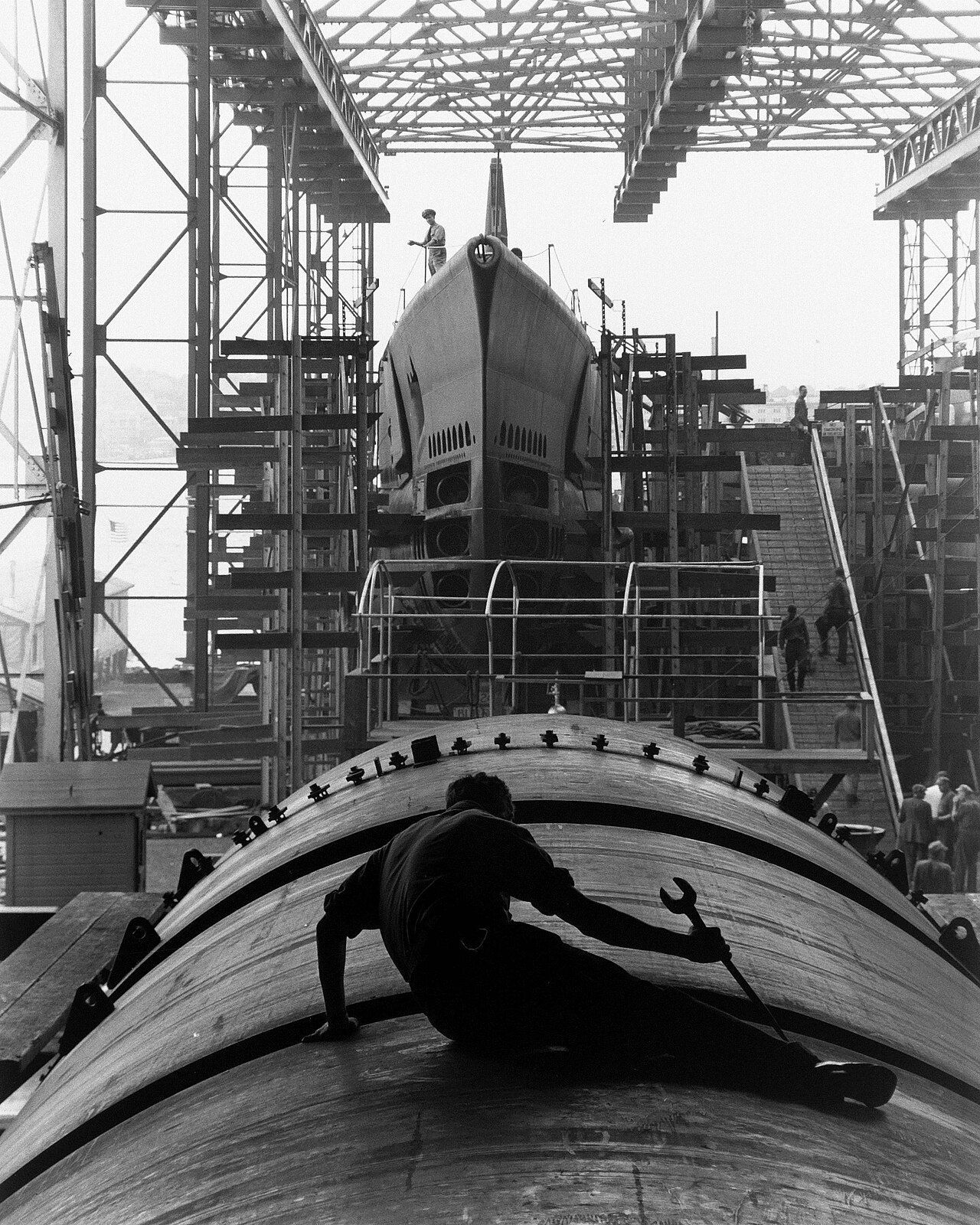 Submarine hull modules under construction at General Dynamics Electric Boat shipyard