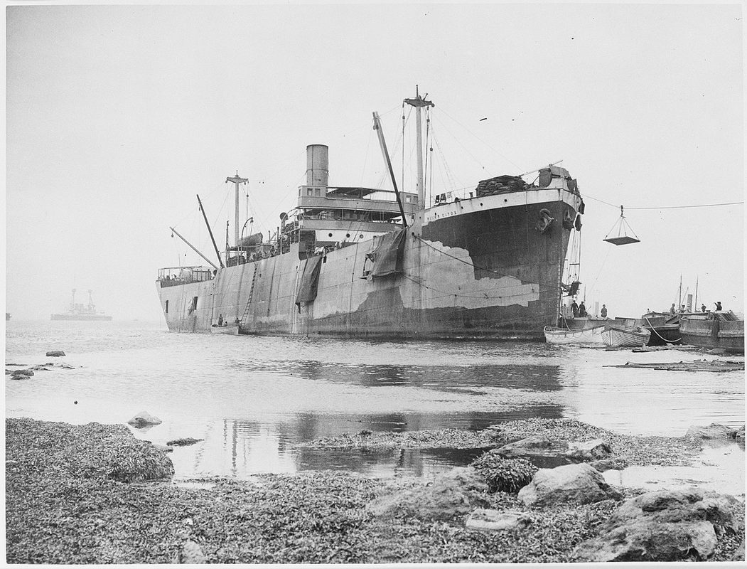 SS River Clyde beached at Cape Helles during the Gallipoli landings showing the chaotic supply situation