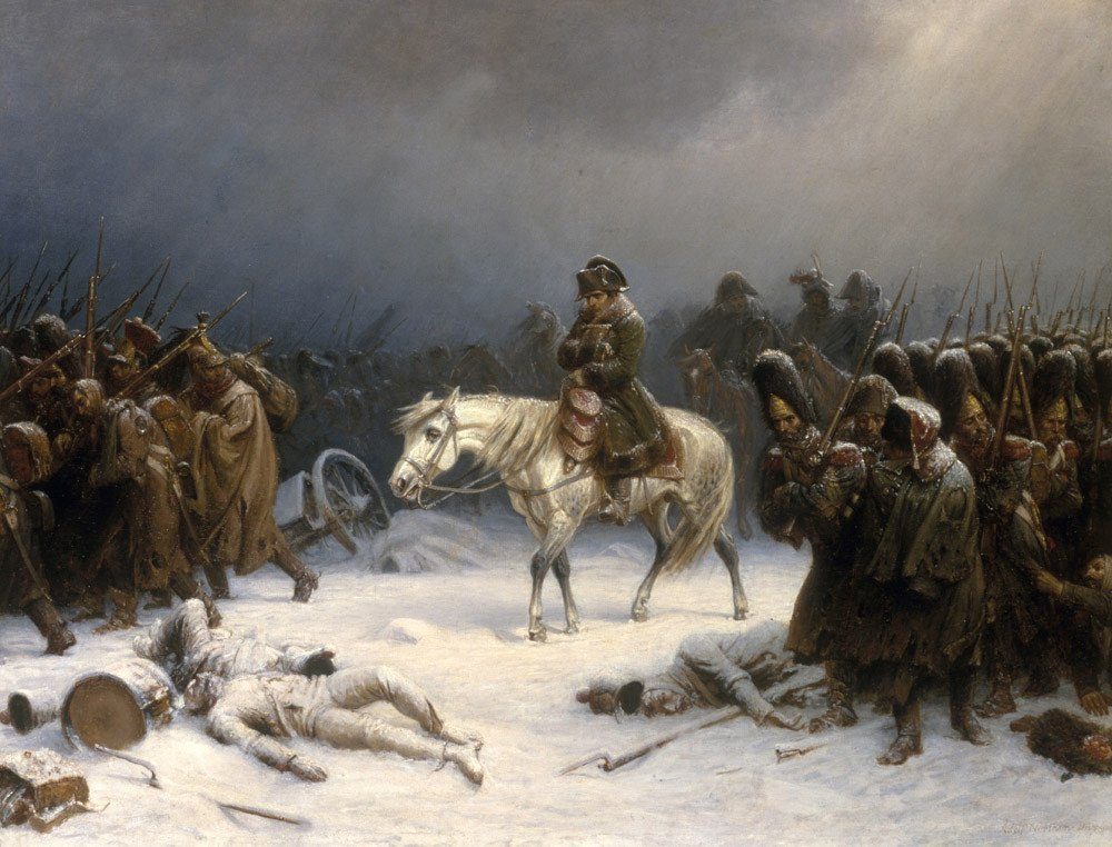 Painting of Napoleon's Grande Armée retreating from Moscow through the devastating Russian winter